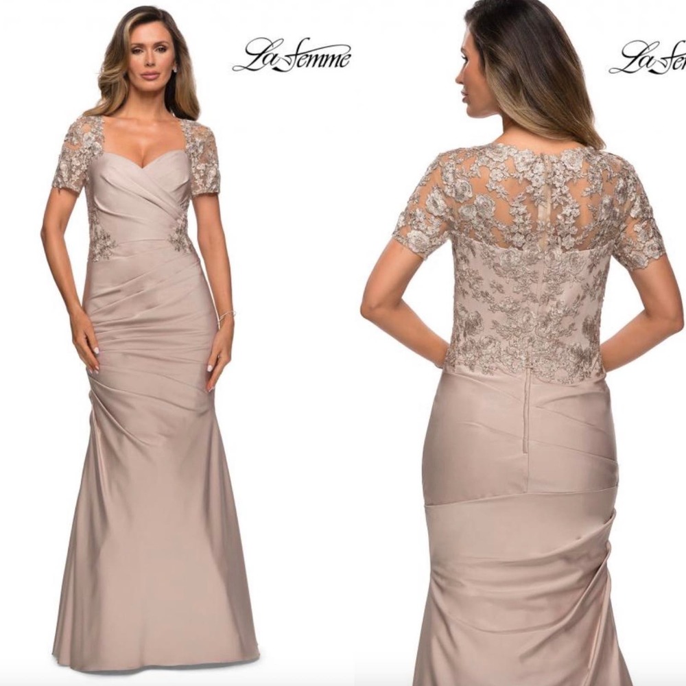 La Femme Floral Applique Satin Trumpet Gown Frost Rose 27989 10 New